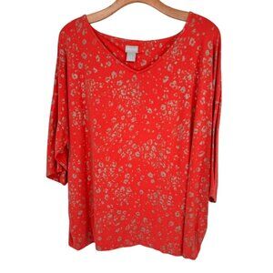 Chicos 3 Womens orange V-Neck Top knit gold animal print Size XL